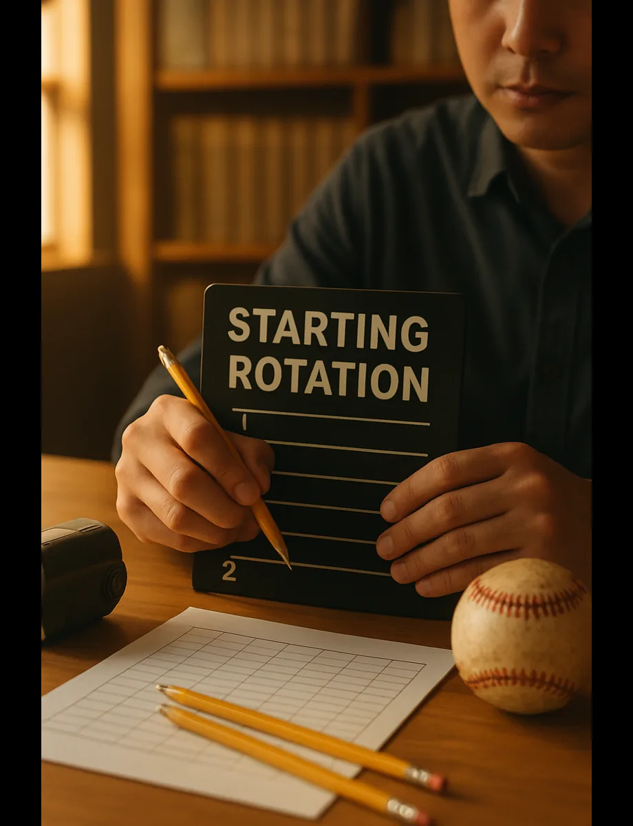 골든아워 조명 아래 선발 로테이션 자료를 정리하는 손